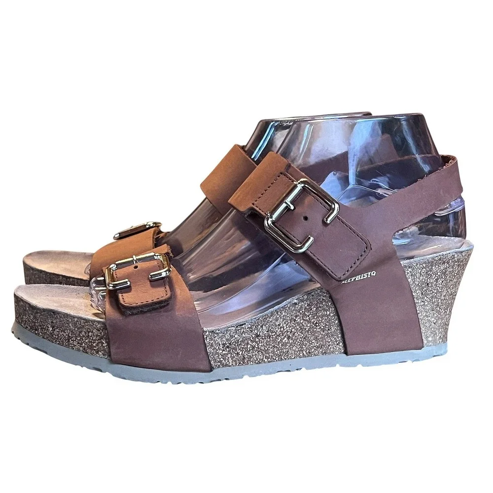 Mephisto Air-Relax Brown Leather Cork Wedge Buckle Sandals EU 41 Portugal *FLAW* - Picture 2 of 16